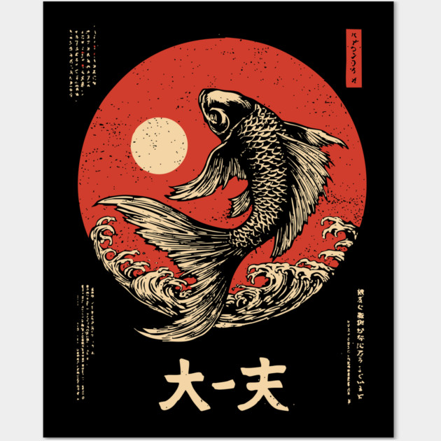 Leaping Koi Fish Over Waves in Ukiyo-e Wall Art by TuncGK