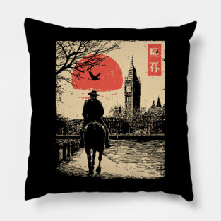 Victorian London Rider in Ukiyo-e Style Pillow