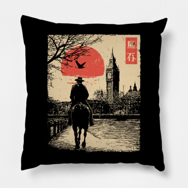 Victorian London Rider in Ukiyo-e Style Pillow by TuncGK