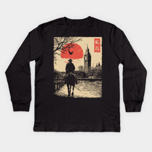 Victorian London Rider in Ukiyo-e Style Kids Long Sleeve T-Shirt