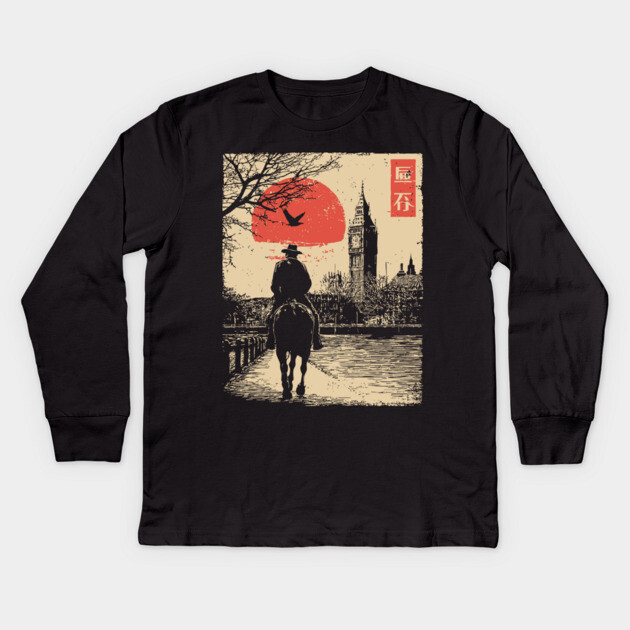 Victorian London Rider in Ukiyo-e Style Kids Long Sleeve T-Shirt by TuncGK