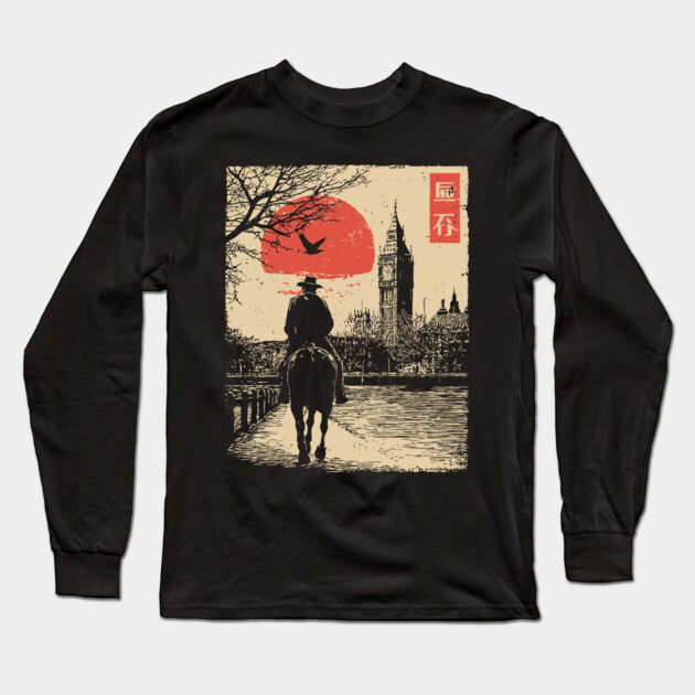 Victorian London Rider in Ukiyo-e Style Long Sleeve T-Shirt by TuncGK