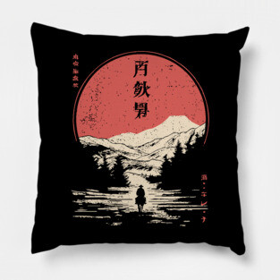 Lone Cowboy in a Japanese Woodblock West Pillow