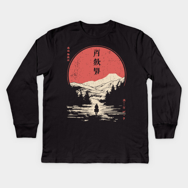 Lone Cowboy in a Japanese Woodblock West Kids Long Sleeve T-Shirt by TuncGK