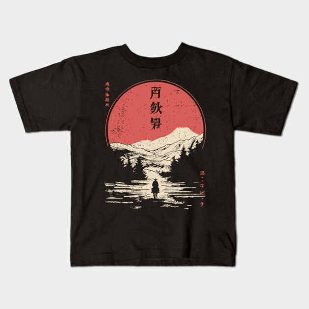 Lone Cowboy in a Japanese Woodblock West Kids T-Shirt by TuncGK