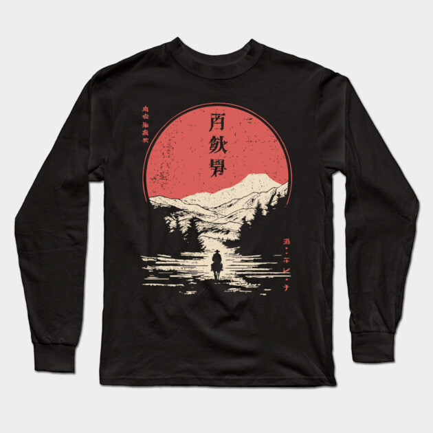 Lone Cowboy in a Japanese Woodblock West Long Sleeve T-Shirt by TuncGK