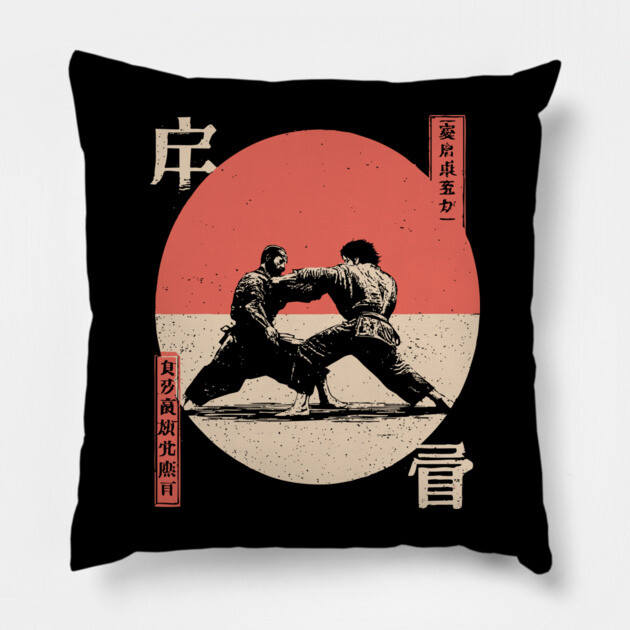 Judo Grapple in Vintage Ukiyo-e Style Pillow by TuncGK