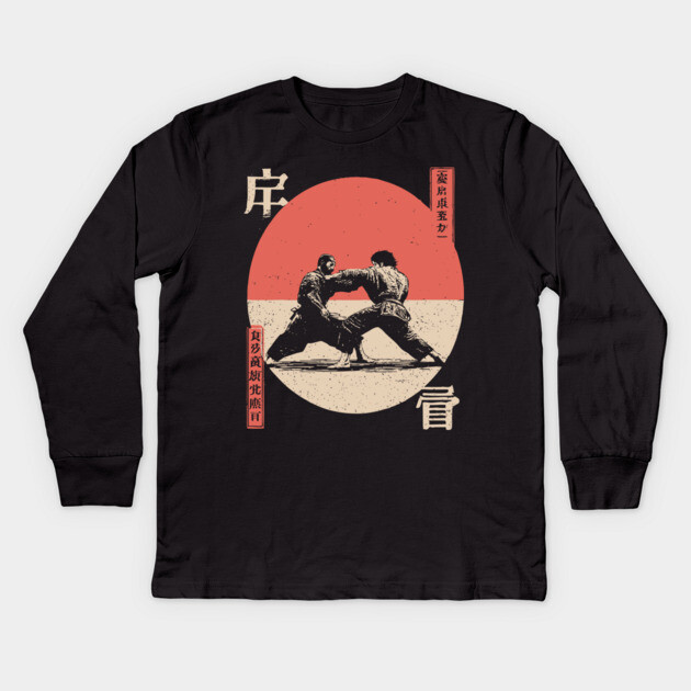 Judo Grapple in Vintage Ukiyo-e Style Kids Long Sleeve T-Shirt by TuncGK