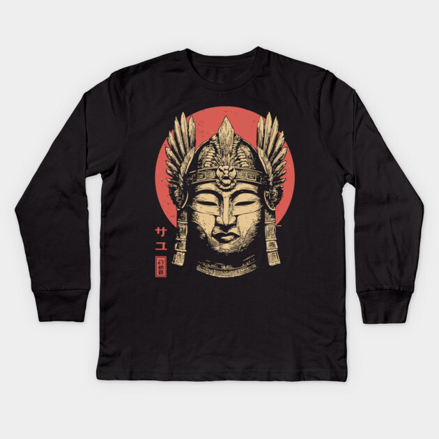 Valkyrie Buddha Mask in Ukiyo-e Fusion Kids Long Sleeve T-Shirt by TuncGK