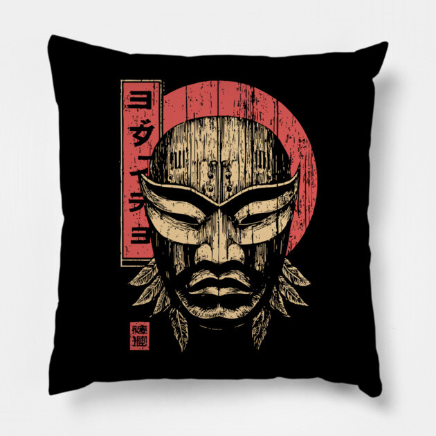 Tribal Warrior Mask in Ukiyo-e Style Pillow by TuncGK