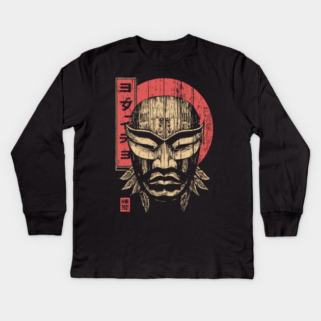 Tribal Warrior Mask in Ukiyo-e Style Kids Long Sleeve T-Shirt by TuncGK