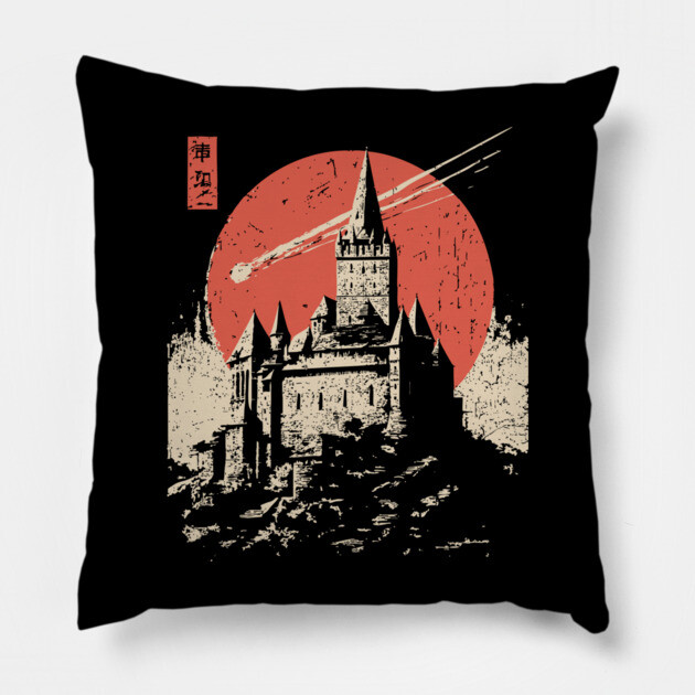 Medieval Castle Under a Comet in Ukiyo-e Style Pillow by TuncGK
