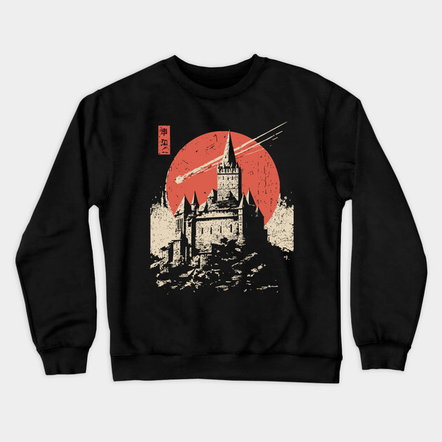 Medieval Castle Under a Comet in Ukiyo-e Style Crewneck Sweatshirt by TuncGK