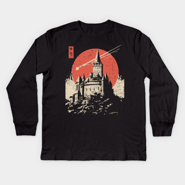 Medieval Castle Under a Comet in Ukiyo-e Style Kids Long Sleeve T-Shirt by TuncGK