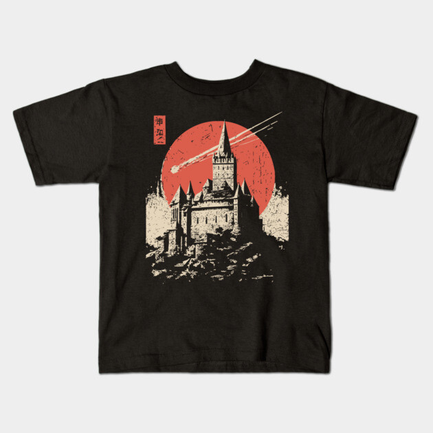 Medieval Castle Under a Comet in Ukiyo-e Style Kids T-Shirt by TuncGK