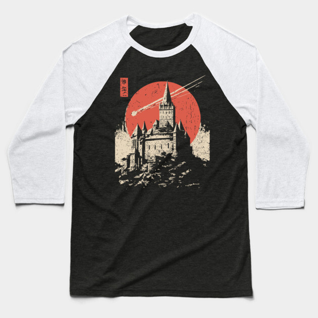 Medieval Castle Under a Comet in Ukiyo-e Style Baseball T-Shirt by TuncGK