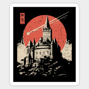 Medieval Castle Under a Comet in Ukiyo-e Style Sticker