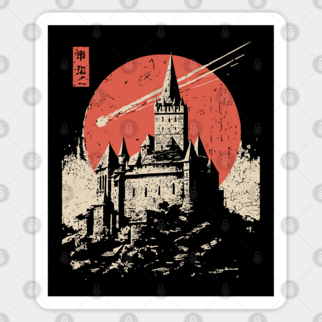Medieval Castle Under a Comet in Ukiyo-e Style Sticker by TuncGK