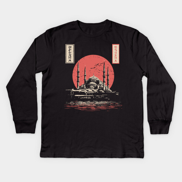 Istanbul Mosque in Serene Ukiyo-e Style Kids Long Sleeve T-Shirt by TuncGK