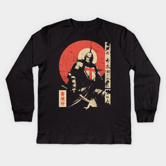 Crusader Knight as a Japanese Woodblock Warrior Kids Long Sleeve T-Shirt by TuncGK