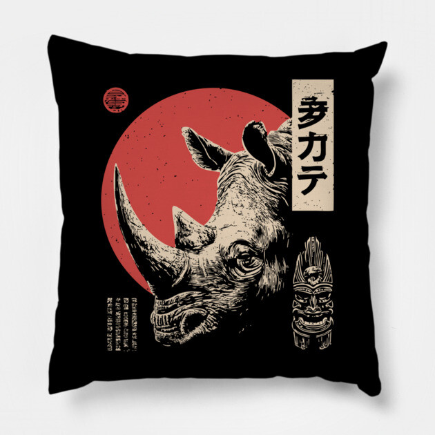 Rhino Spirit and Tribal Mask in Ukiyo-e Pillow by TuncGK
