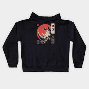 Rhino Spirit and Tribal Mask in Ukiyo-e Kids Hoodie