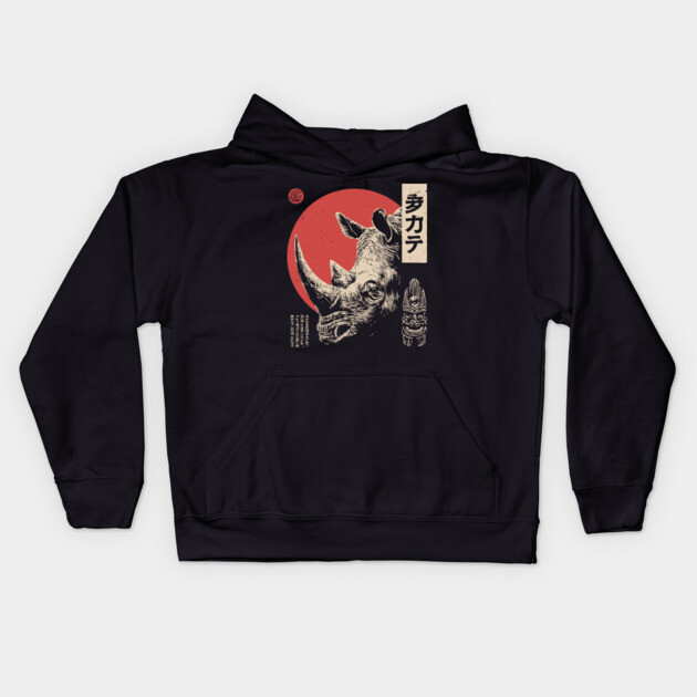 Rhino Spirit and Tribal Mask in Ukiyo-e Kids Hoodie by TuncGK