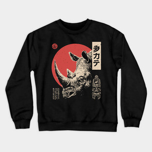 Rhino Spirit and Tribal Mask in Ukiyo-e Crewneck Sweatshirt