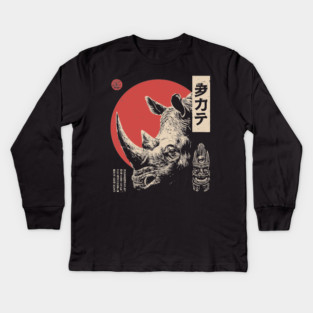 Rhino Spirit and Tribal Mask in Ukiyo-e Kids Long Sleeve T-Shirt