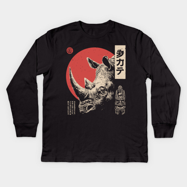Rhino Spirit and Tribal Mask in Ukiyo-e Kids Long Sleeve T-Shirt by TuncGK