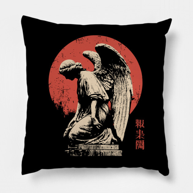 Weeping Angel in Japanese Woodblock Style Pillow by TuncGK