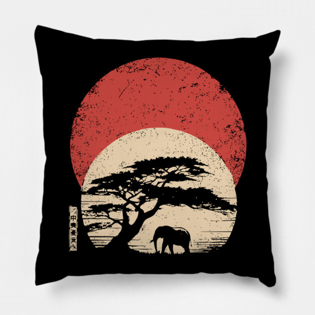 African Savannah in Japanese Woodblock Serenity Pillow by TuncGK