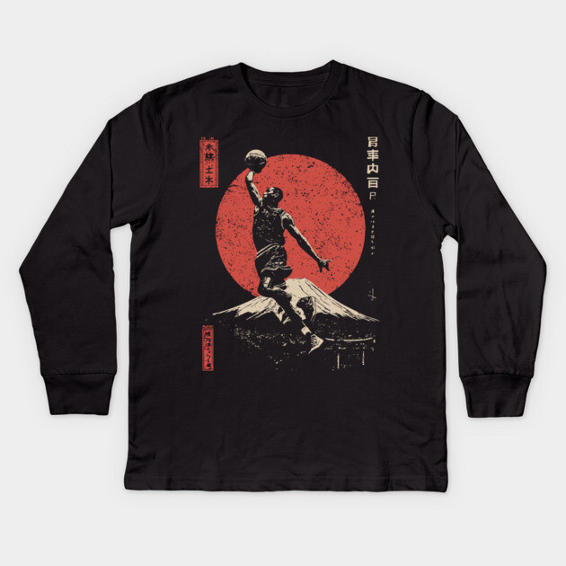 Slam Dunk over Mt. Fuji in Ukiyo-e Style Kids Long Sleeve T-Shirt by TuncGK