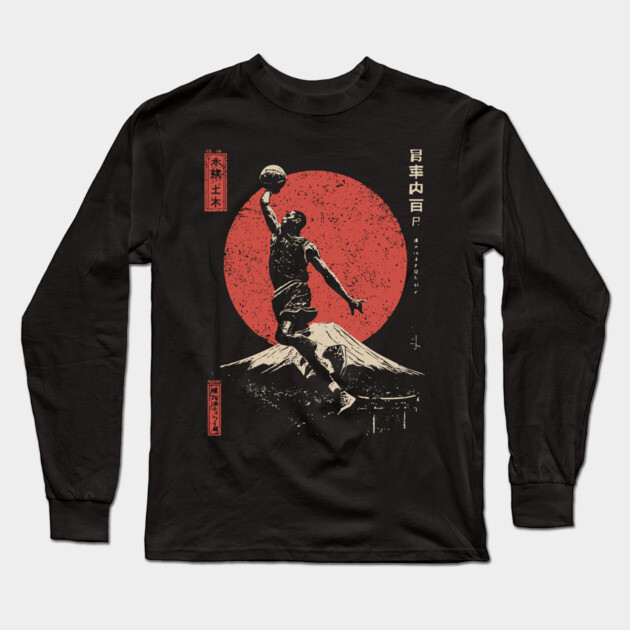 Slam Dunk over Mt. Fuji in Ukiyo-e Style Long Sleeve T-Shirt by TuncGK
