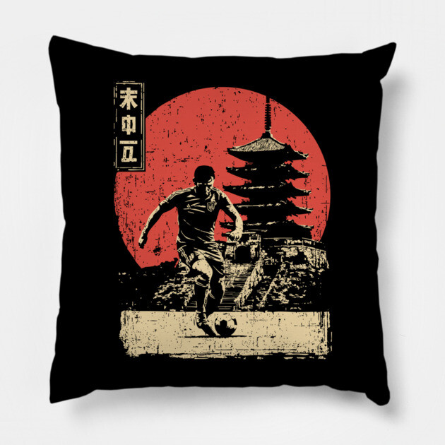 Soccer Player and Pagoda in Japanese Style Pillow by TuncGK