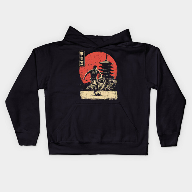 Soccer Player and Pagoda in Japanese Style Kids Hoodie by TuncGK