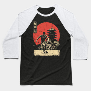 Soccer Player and Pagoda in Japanese Style Baseball T-Shirt