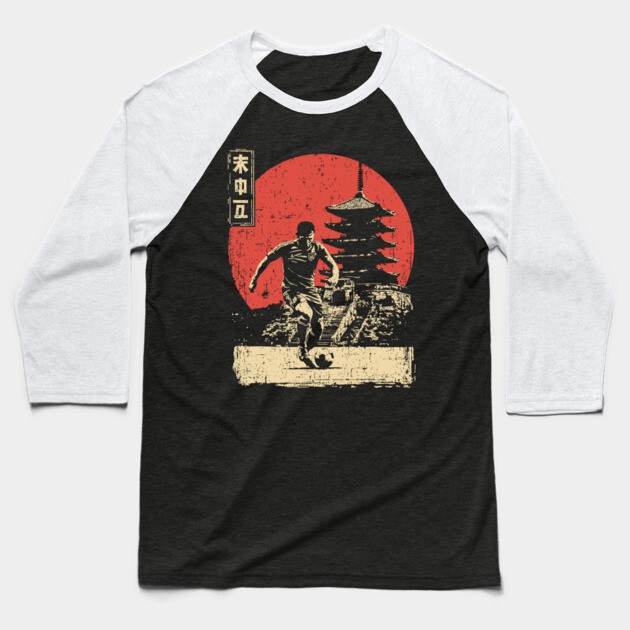 Soccer Player and Pagoda in Japanese Style Baseball T-Shirt by TuncGK