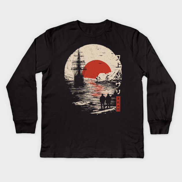 Antarctic Explorers in Ukiyo-e Style Kids Long Sleeve T-Shirt by TuncGK