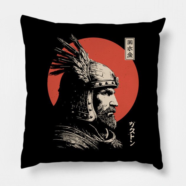 Steppe Warrior in Japanese Ukiyo-e Portrait Style Pillow by TuncGK