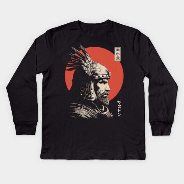 Steppe Warrior in Japanese Ukiyo-e Portrait Style Kids Long Sleeve T-Shirt by TuncGK