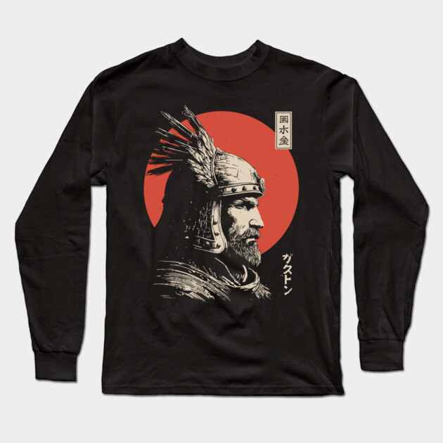 Steppe Warrior in Japanese Ukiyo-e Portrait Style Long Sleeve T-Shirt by TuncGK