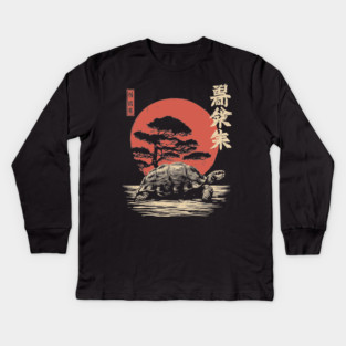 Ancient Tortoise and Pine Tree in Ukiyo-e Style Kids Long Sleeve T-Shirt