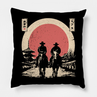 Cowboys in a Japanese Town Ukiyo-e Style Pillow