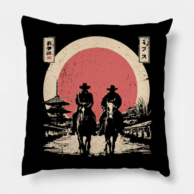 Cowboys in a Japanese Town Ukiyo-e Style Pillow by TuncGK