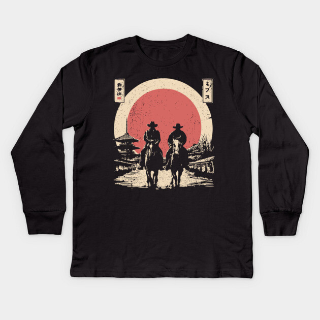 Cowboys in a Japanese Town Ukiyo-e Style Kids Long Sleeve T-Shirt by TuncGK