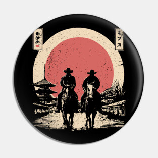 Cowboys in a Japanese Town Ukiyo-e Style Pin