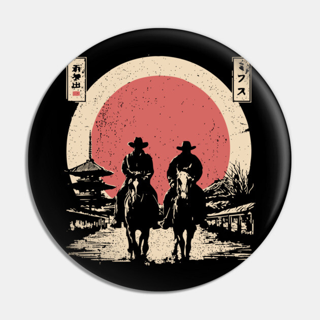 Cowboys in a Japanese Town Ukiyo-e Style Pin by TuncGK