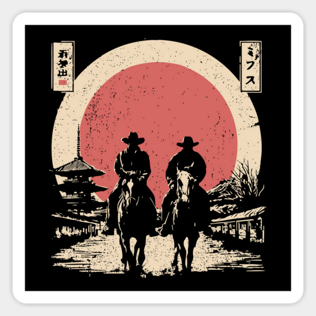 Cowboys in a Japanese Town Ukiyo-e Style Magnet by TuncGK