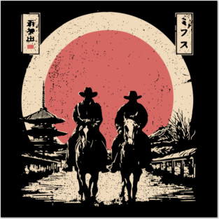 Cowboys in a Japanese Town Ukiyo-e Style Posters and Art